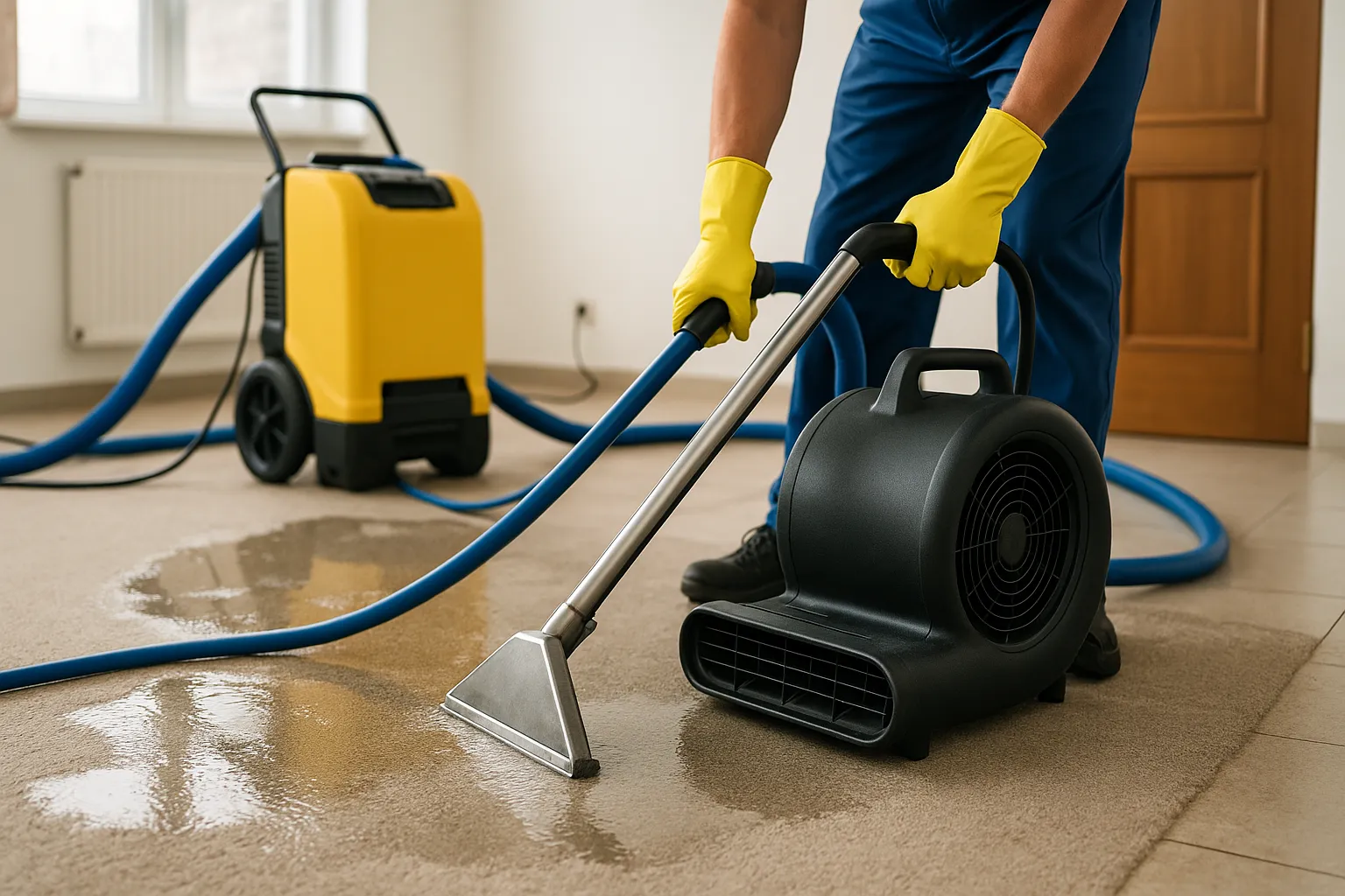 Radnik suši mokri tepih pomoću profesionalne opreme za sušenje i dezinfekciju površina.