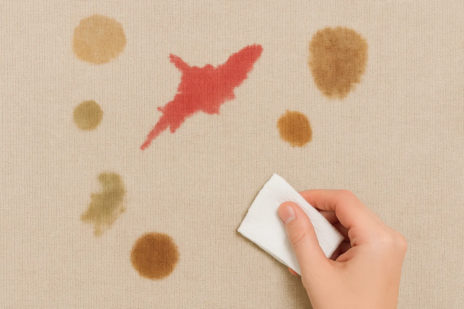 Ruka briše tvrdokorne mrlje sa svijetlog platna uz pomoć bijele krpe