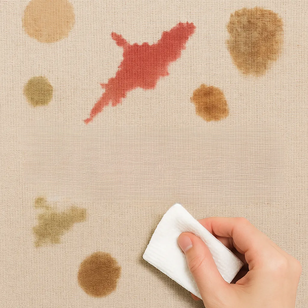 Ruka briše tvrdokorne mrlje sa svijetlog platna uz pomoć bijele krpe